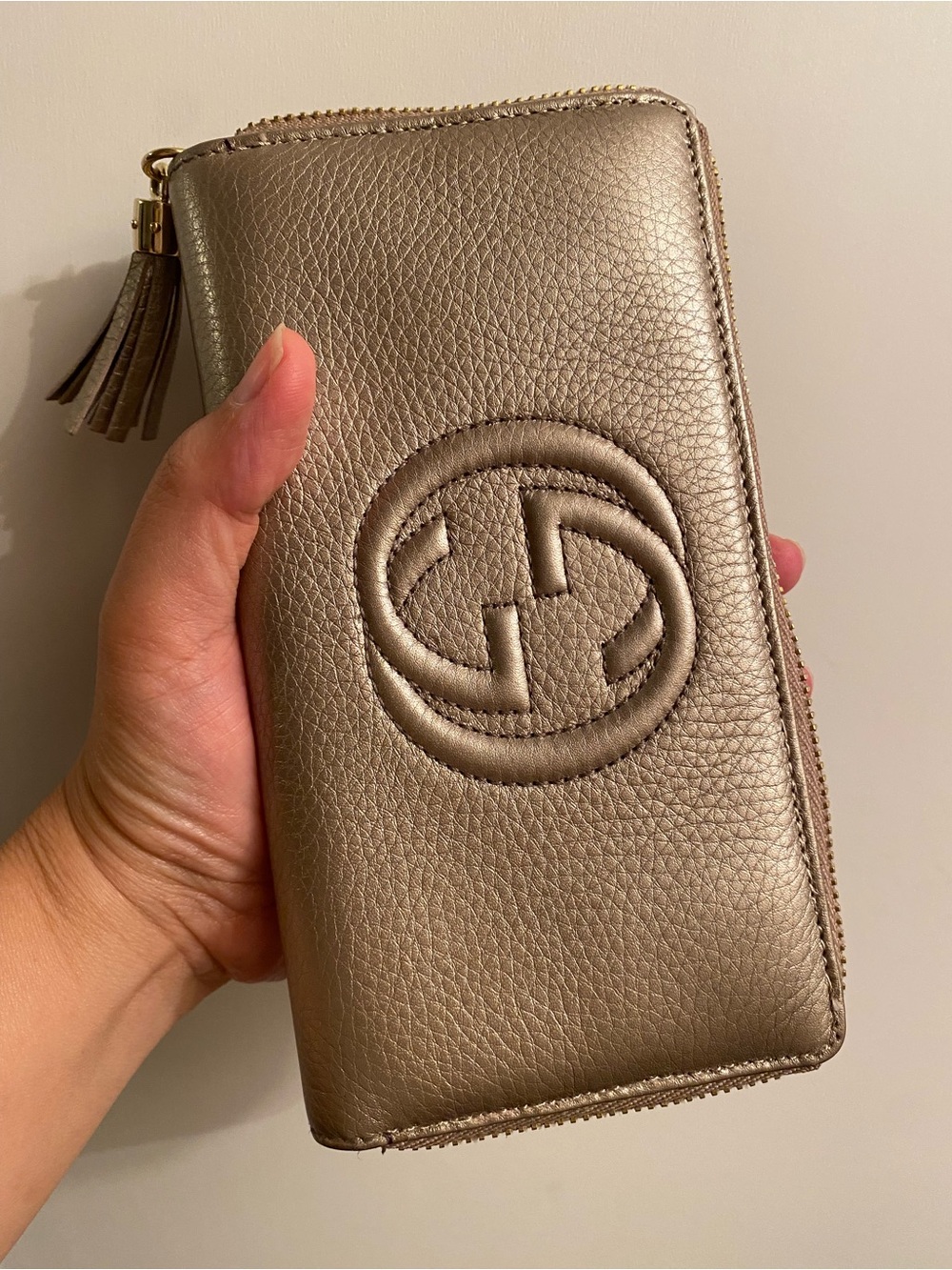Gucci Metallic Taupe Leather Zip Wallet with Tassel Zip Pull